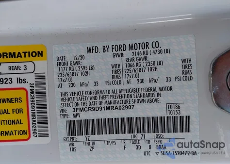 2021 Ford Bronco Sport Badlands из США, поврежденный, VIN 3FMCR9D91MRA02907